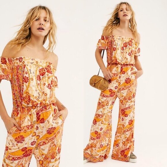 Free People Carmen Off the Shoulder Jumpsuit Orange Red Paisley XS - Picture 1 of 14